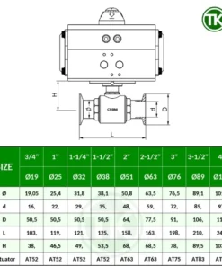Bảng kích thước van bi inox vi sinh điều khiển khí nén