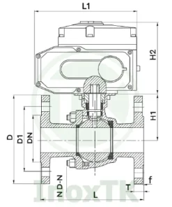 Bản vẽ cấu tạo của van bi mặt bích điều khiển điện