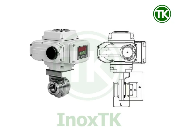 Van bướm điện nối clamp inox vi sinh với bộ điều khiển tuyến tính