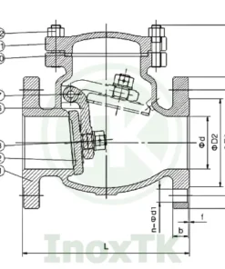 Bản vẽ cấu tạo của van một chiều lá lật mặt bích inox