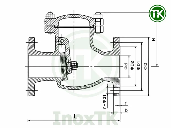 Bản vẽ cấu tạo của van một chiều lá lật mặt bích inox
