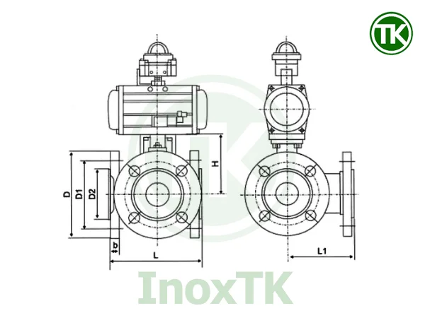 Bản vẽ cấu tạo van bi 3 ngả mặt bích khí nén inox