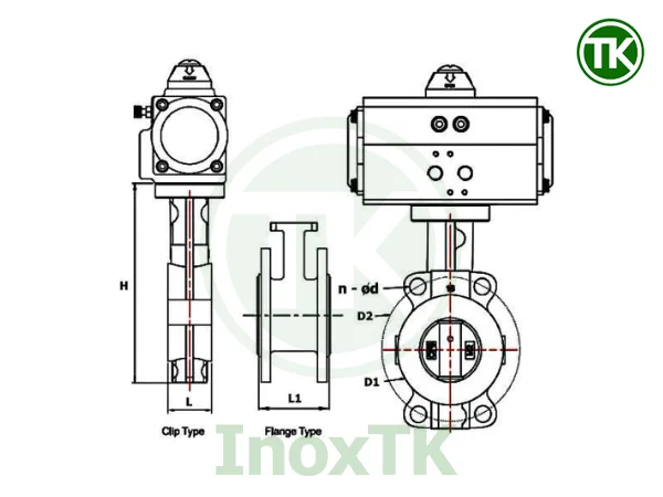 Bản vẽ cấu tạo van bướm lót PTFE khí nén