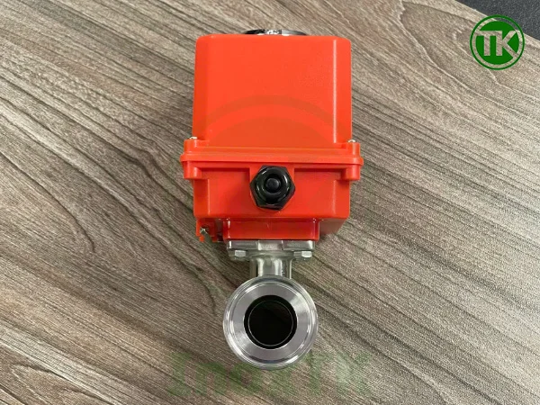 Van bi vi sinh điều khiển điện 24V inox có lỗ thông ngang bằng với đướng ống, không gây cản trở dòng chảy