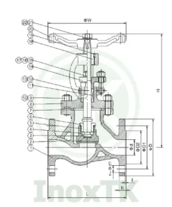 Bản vẽ kỹ thuật của van cầu chữ ngã inox