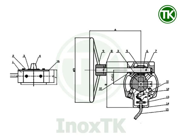 Bản vẽ cấu tạo chi tiết của tay quay vô lăng và hộp số trên van bướm inox
