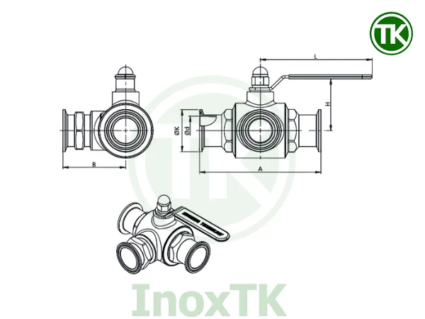 Bản vẽ cấu tạo van bi vi sinh 3 ngả