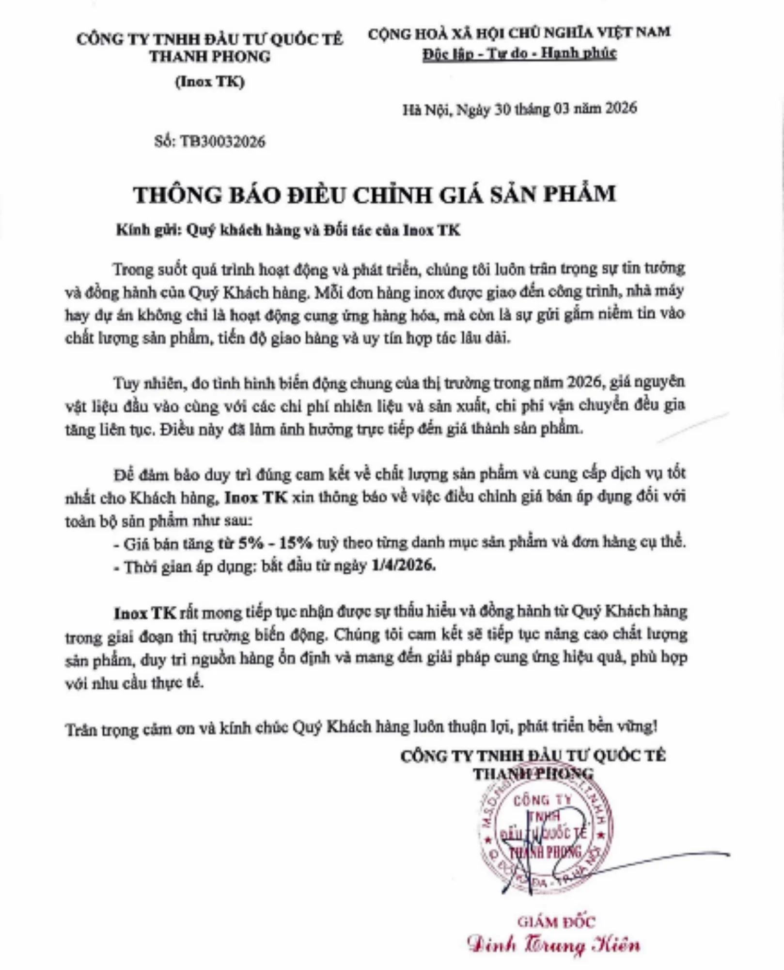 Thống báo điều chỉn giá của INOX TK