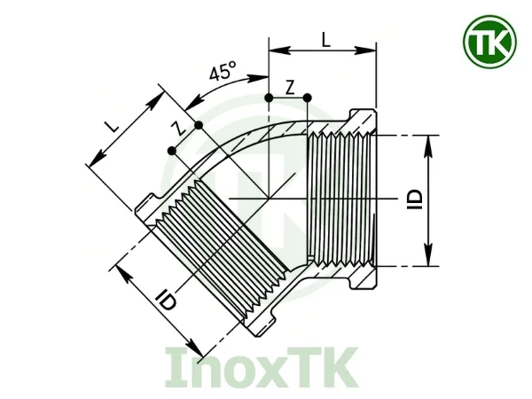 Bản vẽ thông số kích thước của cút 45 độ nối ren inox