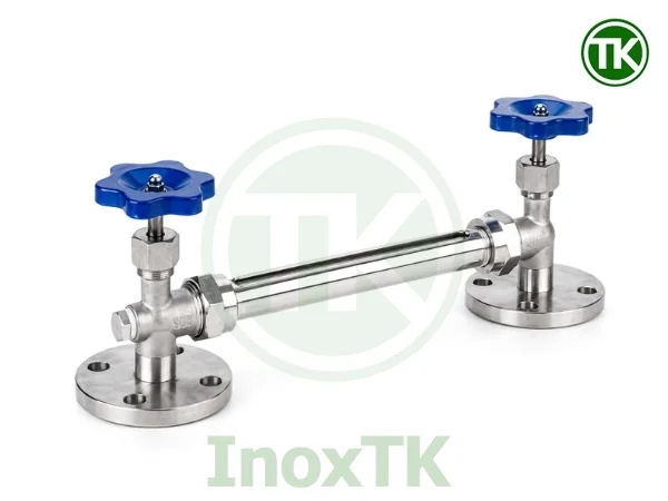Bộ 2 van kính thủy mặt bích inox được lắp đặt thêm ống thủy tinh quan sát ở giữa