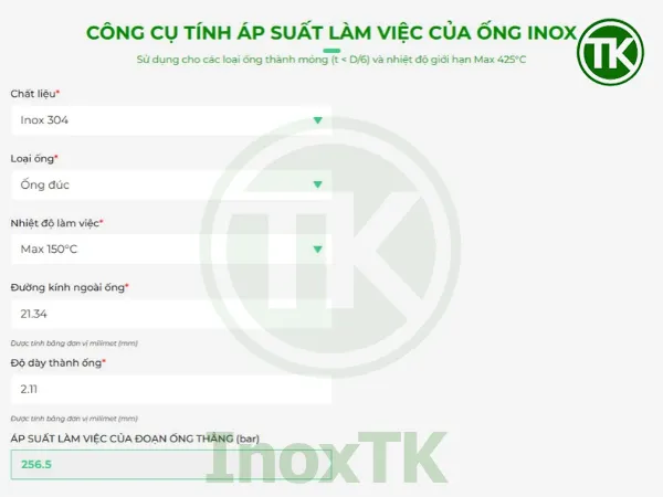 Công cụ tính ống inox chịu được áp bao nhiêu